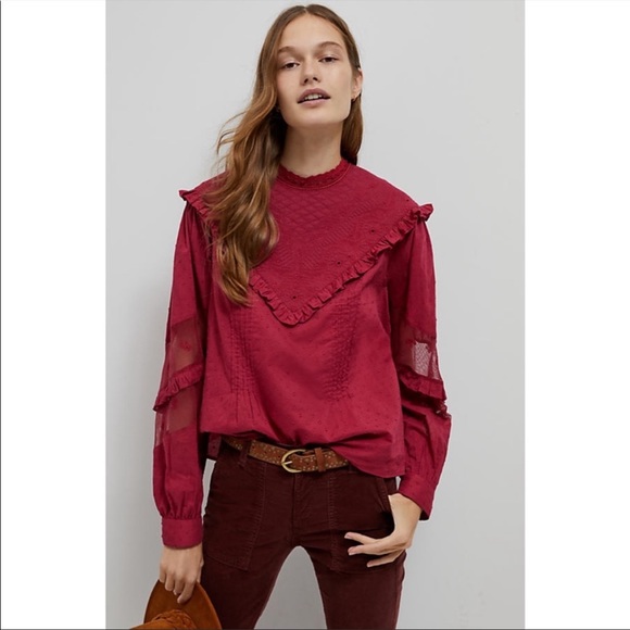 ANTHROPOLOGIE NWT Forever That Girl Burgundy Quilted Ruffle Frill Eyelet Blouse - Picture 11 of 11